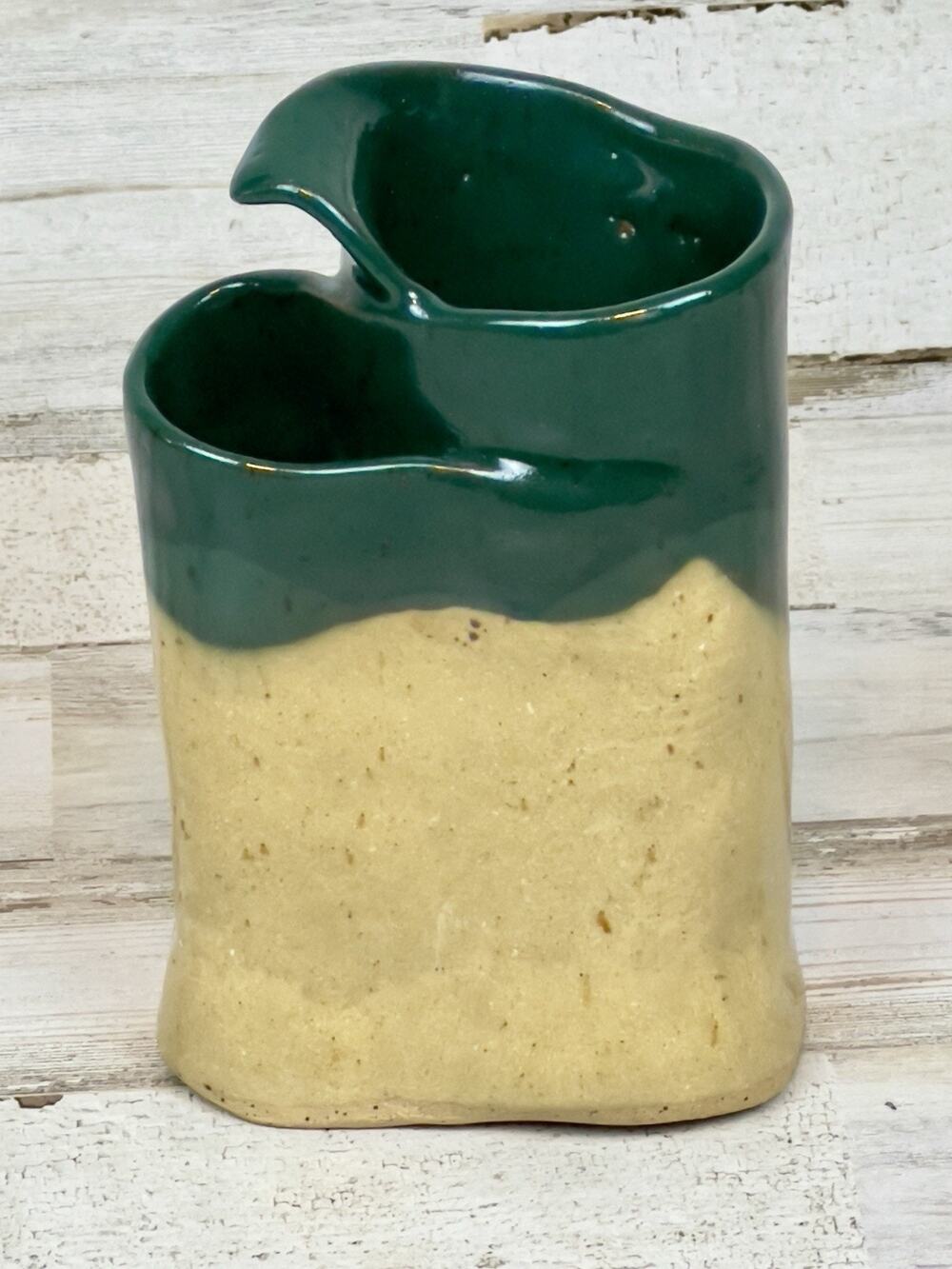 Studio Art Pottery Double Bud Vase Green Drip Glaze Signed Dated 2007 Handmade